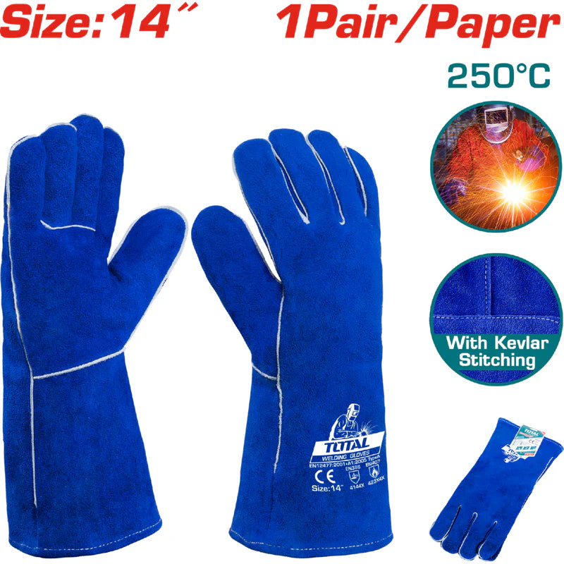 Guantes Suaves Para Soldar Talla 14". Cuero De Vaca. Tejido En Kevlar. (Par) 330 G Total TSP15014