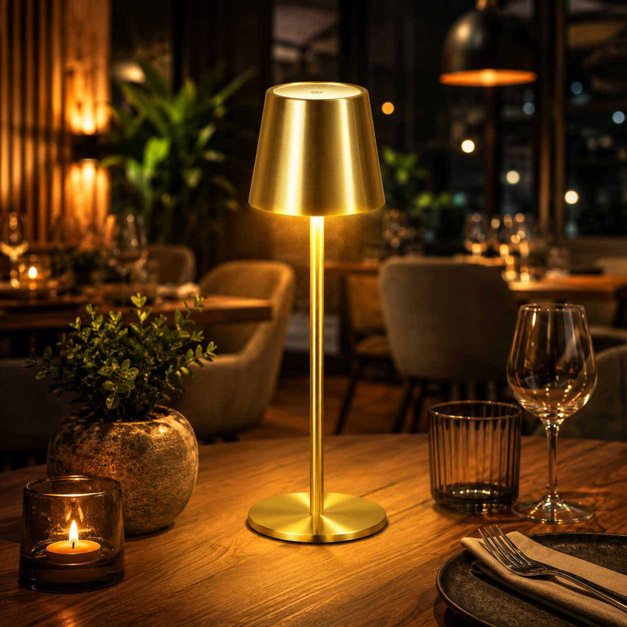 Lámpara LED de Mesa Recargable 23.5cm Dorada para Restaurante Hogar – 604-40570