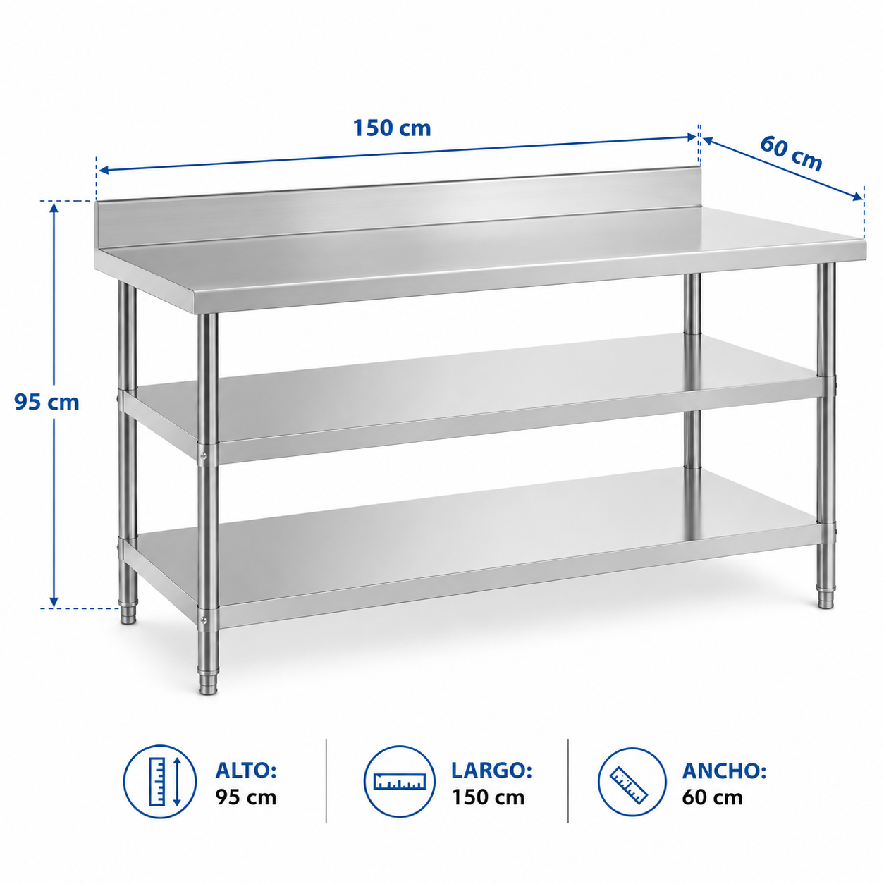 (LLEGANDO 14 DE AGOSTO) Mesa de Trabajo de Acero Inoxidable con 2 Entrepaños | 150×60×95cm | Uso Comercial | HVB13507-T