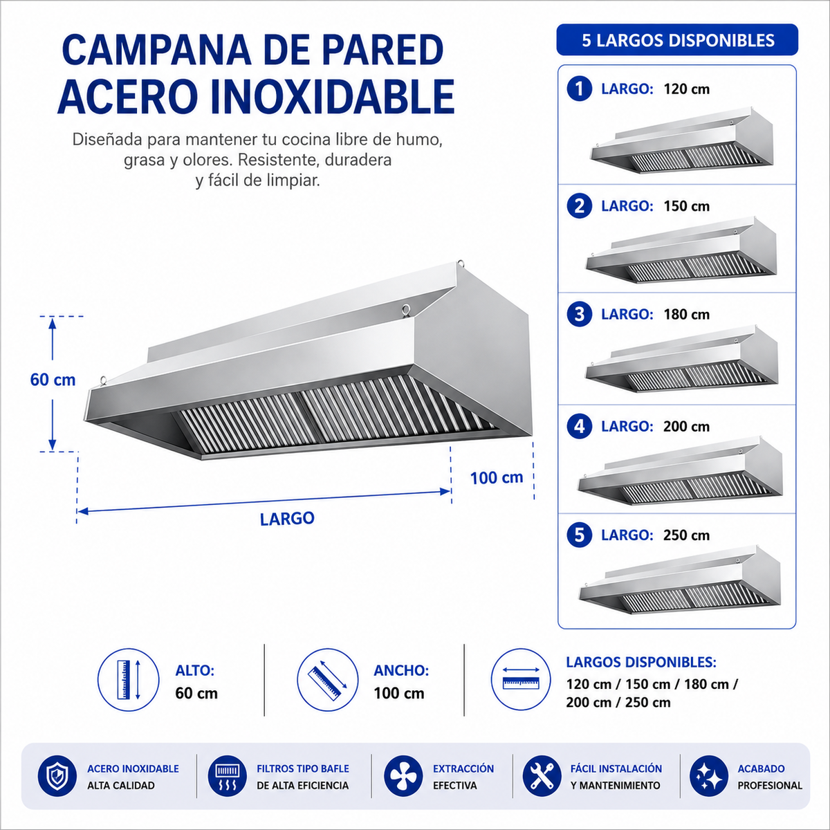 (LLEGANDO 30 DE SEPT) Campana Industrial de Acero Inoxidable de 1,0mm Disponible en: 120cm 2025001, 150cm 2025005, 180cm 2025004, 200cm 2025003 & 250cm 2025002 Incluye Filtros