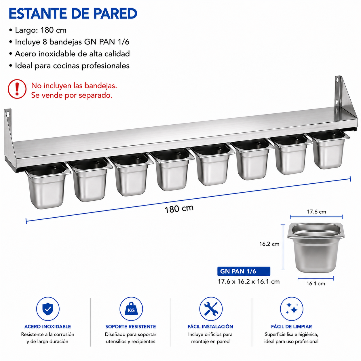 (LLEGANDO 14 DE AGOSTO) Repisa de Pared con Porta Bandejas GN PAN 1/6 de Acero Inoxidable | Organizador para Cocina Comercial | 180cm | No Incluyen las Bandejas | 330808