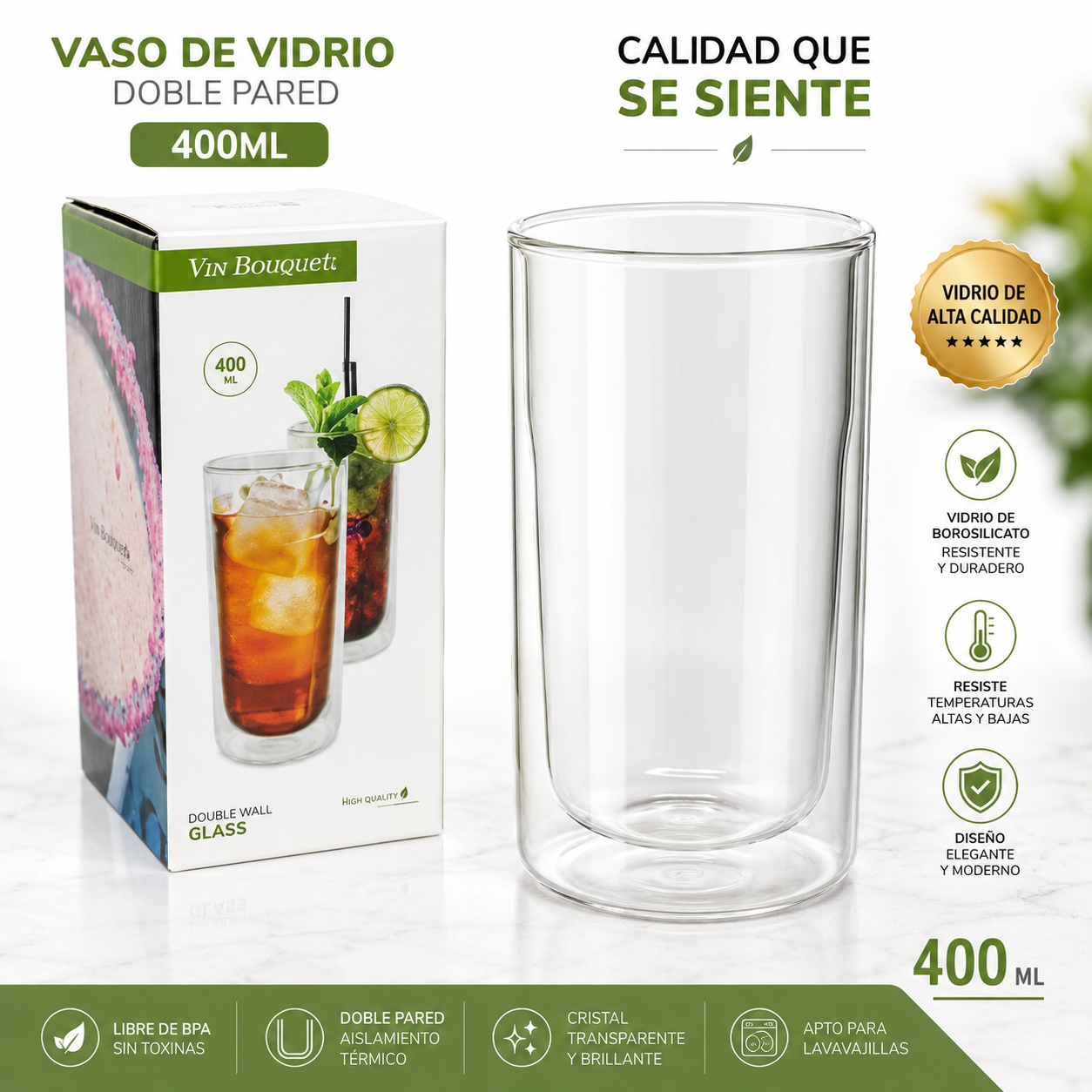 Vaso de Vidrio Doble Pared Calidad Premium 400ml – 751-FIK288