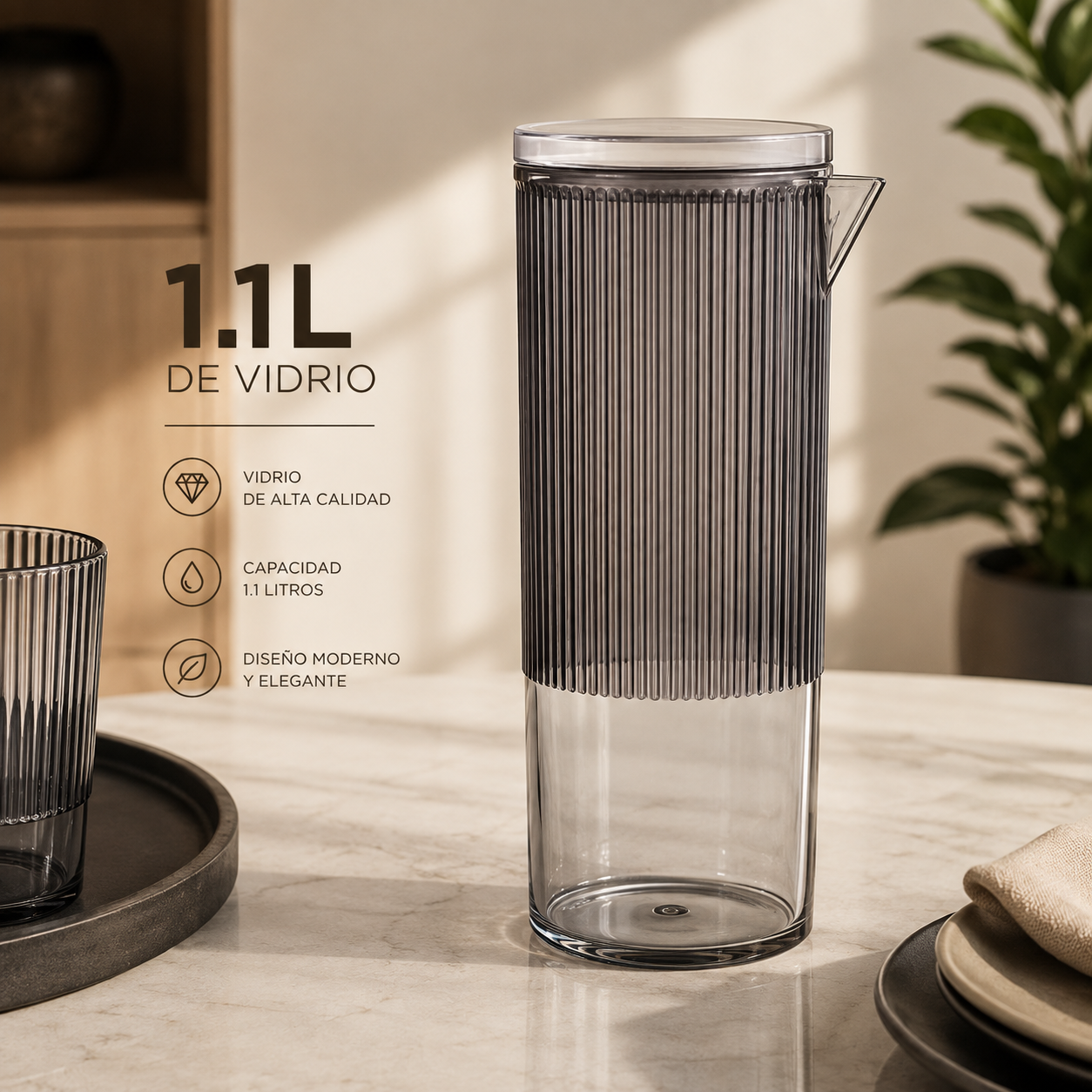 Jarra de Vidrio Acanalado con Tapa 1.1 L – Diseño Moderno y Elegante - Gris Negro | 707-M173S
