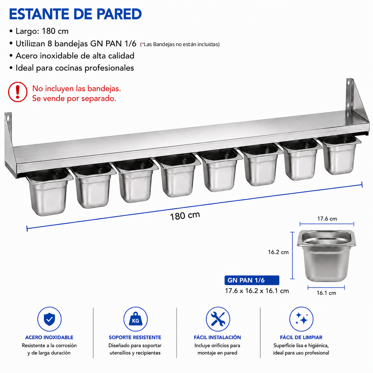 Repisa de Pared con Porta Bandejas GN PAN 1/6 de Acero Inoxidable | Organizador para Cocina Comercial | 180cm | No Incluyen las Bandejas | 330808