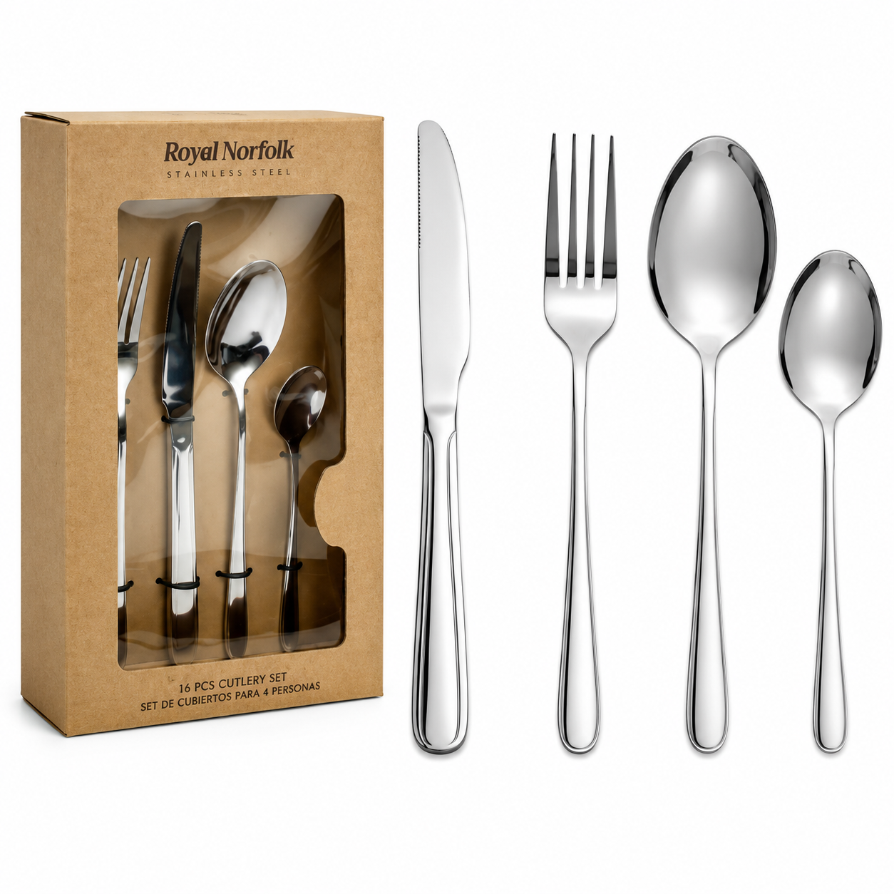 Set de Cubiertos Royal Norfolk de Acero Inoxidable – 16 Piezas | Calidad de Restaurante y Hotel | 716-01514