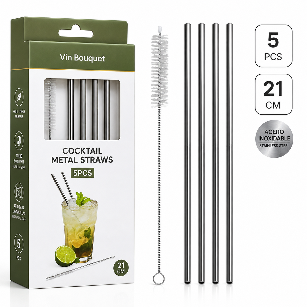 Set de 5 Carrizo Pajillas de Acero Inoxidable 21cm – 739-FIK450