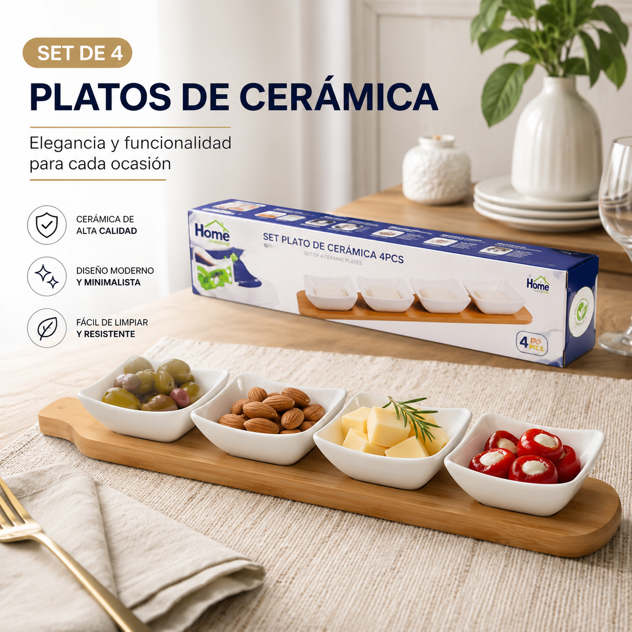 (LLEGANDO 3 DE JULIO) Set de 4 Platos de Cerámica para Aperitivos | Bandejas para Snacks, Entradas y Salsas con Base de Bambú Ramekin.FSK11104