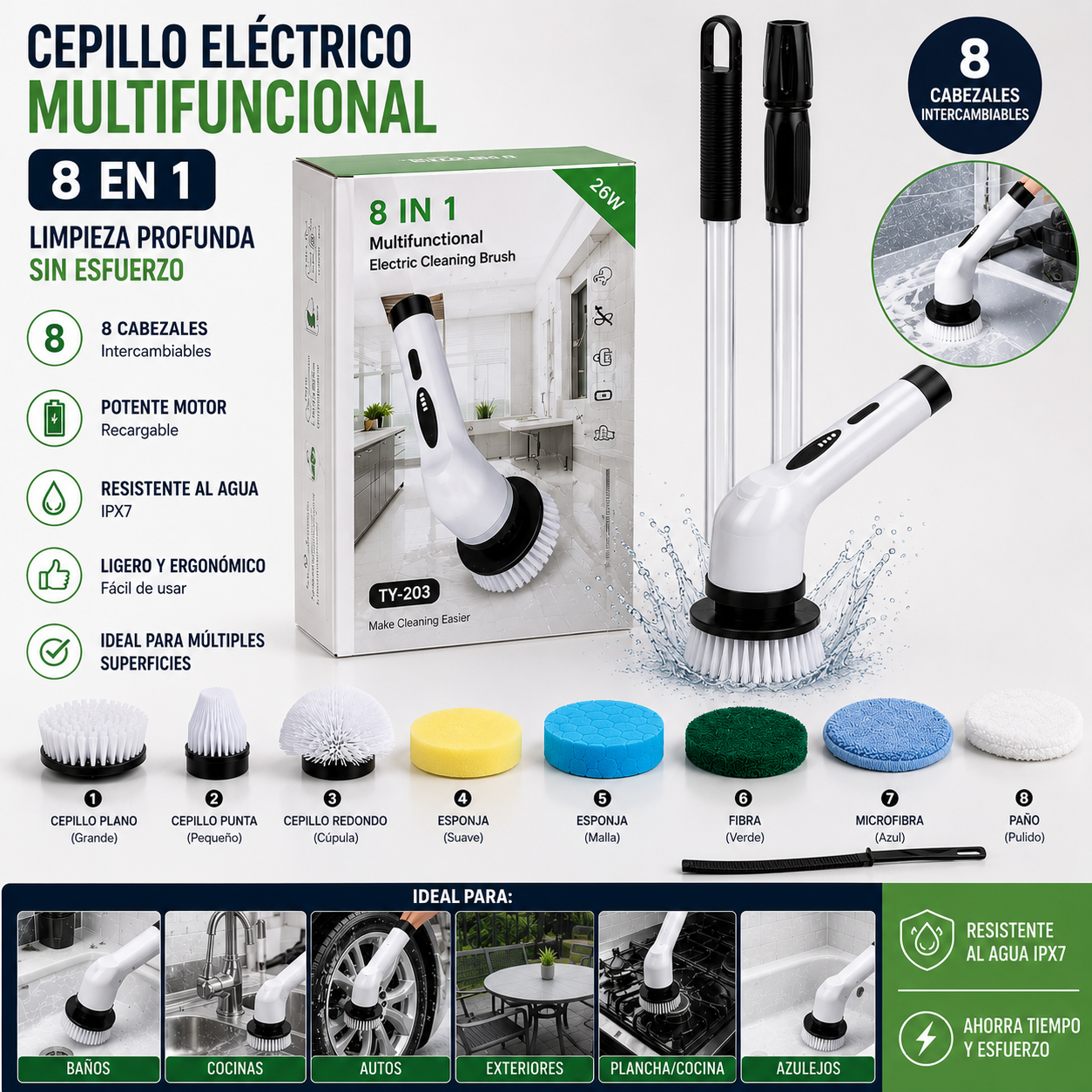 (LLEGANDO 3 DE JULIO) Cepillo Eléctrico Multifuncional para Limpieza | Inalámbrico con 8 Cabezales Intercambiables OM-10166