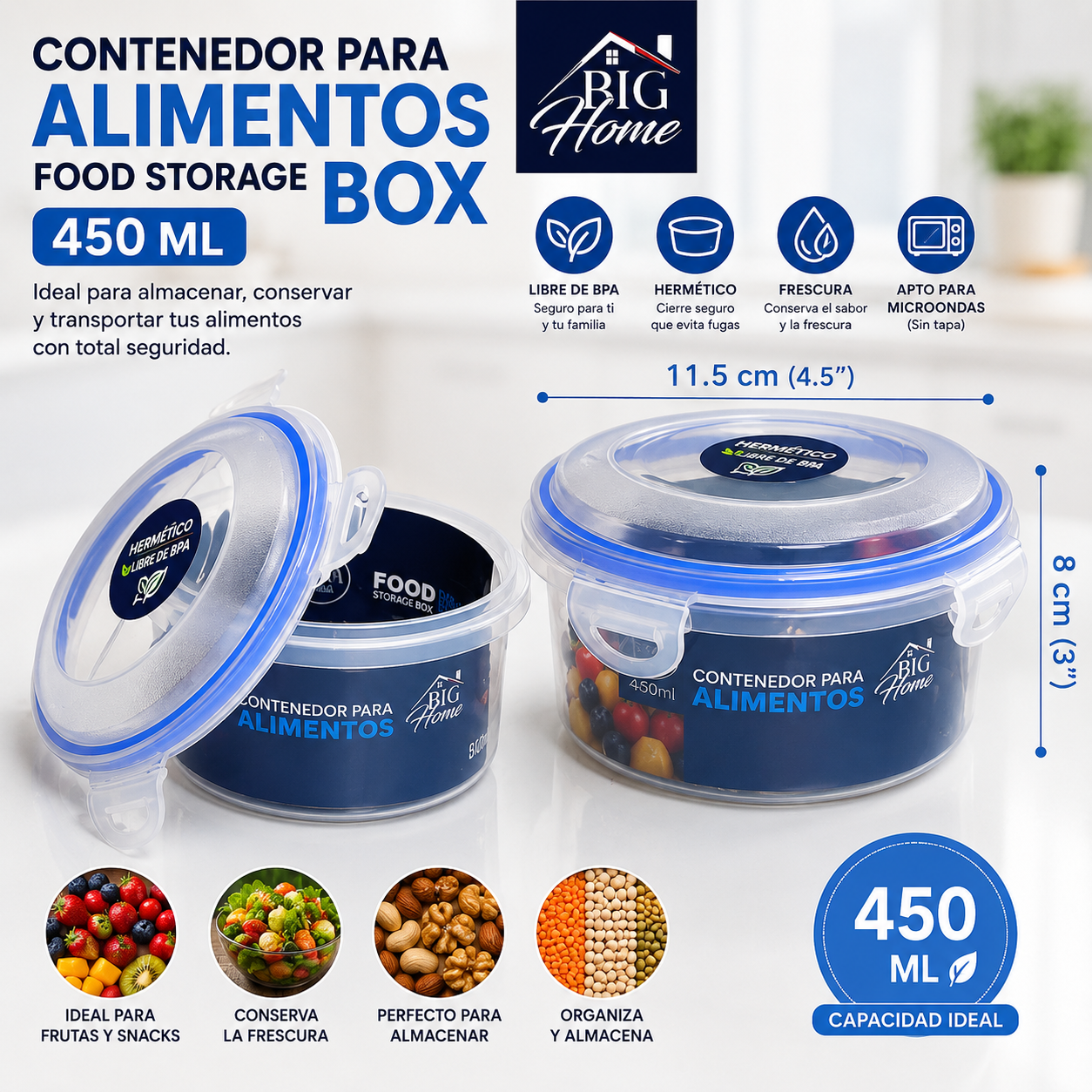 Envase Recipiente Plástico para Comida Alimentos 450ml BG-521-103