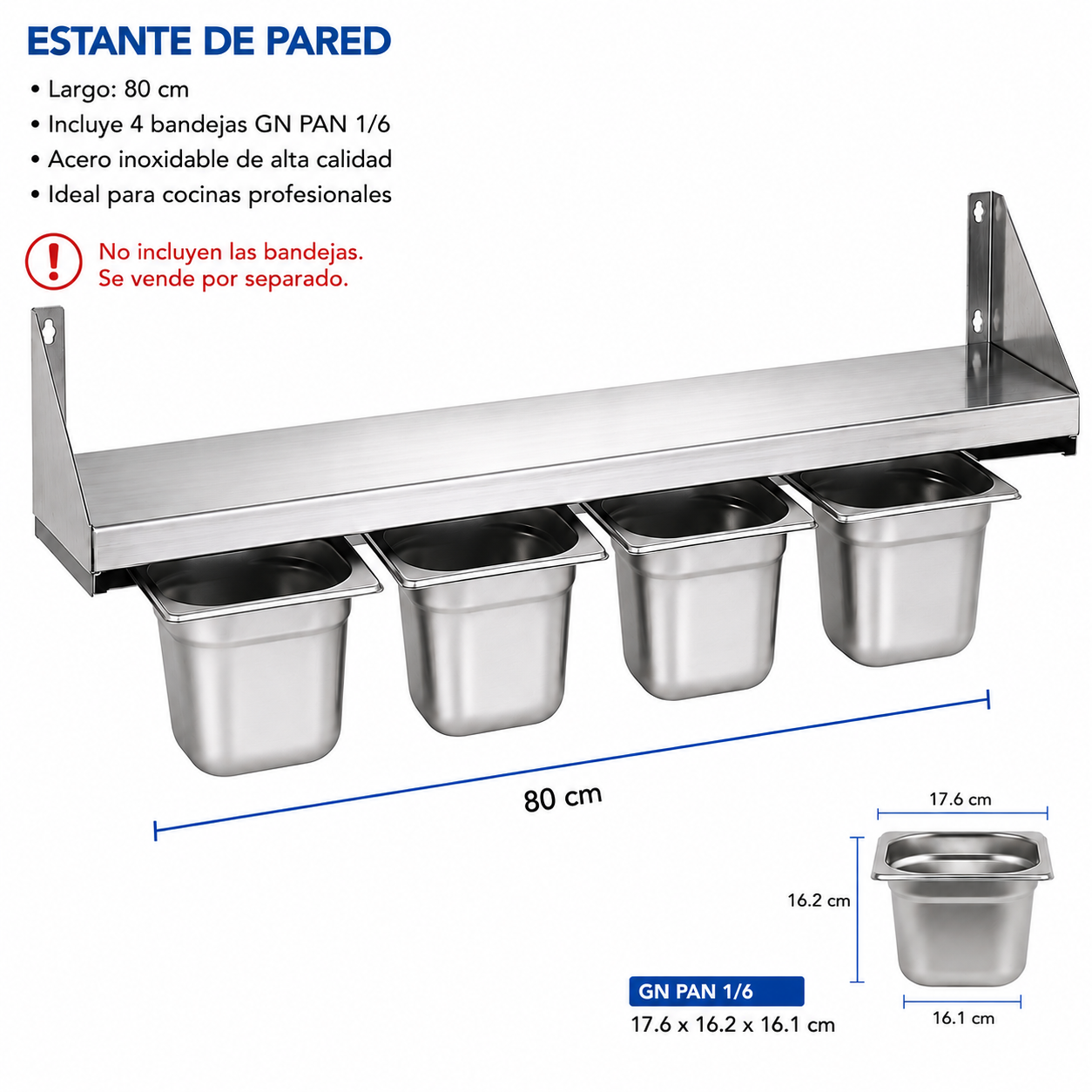 (LLEGANDO 14 DE AGOSTO) Repisa de Pared con Porta Bandejas GN PAN 1/6 de Acero Inoxidable | Organizador para Cocina Comercial | 80cm |No Incluyen las Bandejas| 330802