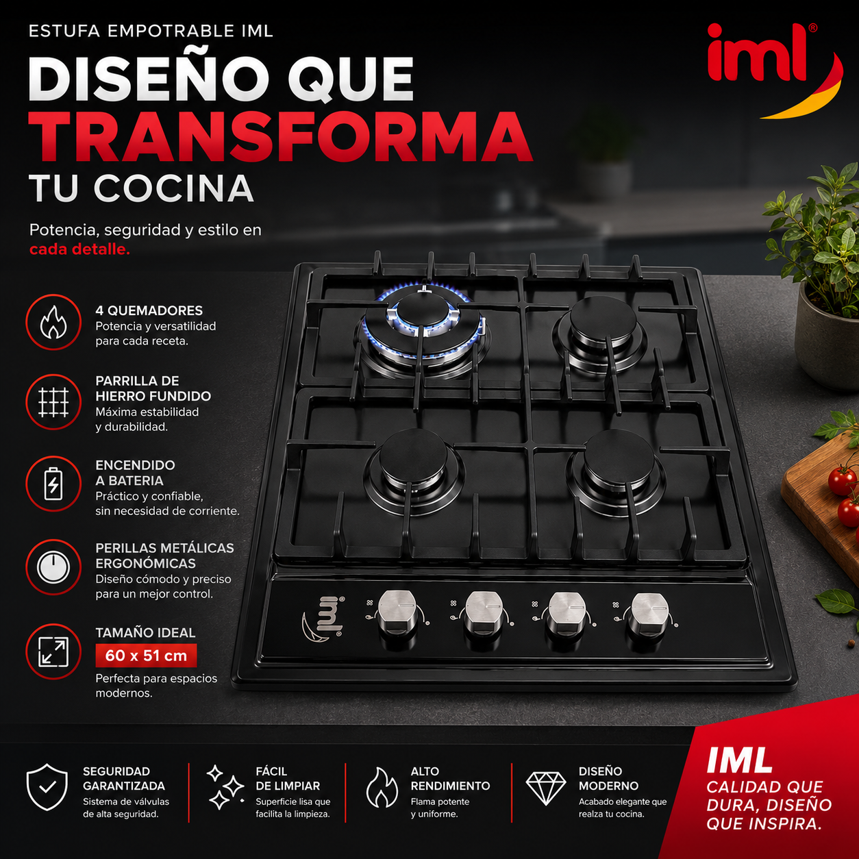 Estufa Empotrable a Gas de 4 Quemadores en Acero Inoxidable Negro 60x51cm IML QE-4AN