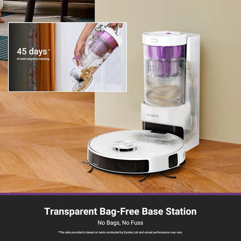 Robot Aspirador Eureka E20 Plus Blanco 8000Pa Con Estación Automática Sin Bolsa, Trapeador Y Mapeo IA 3D, Apto Para Mascotas Corte Pelo Automático AN66-E20S