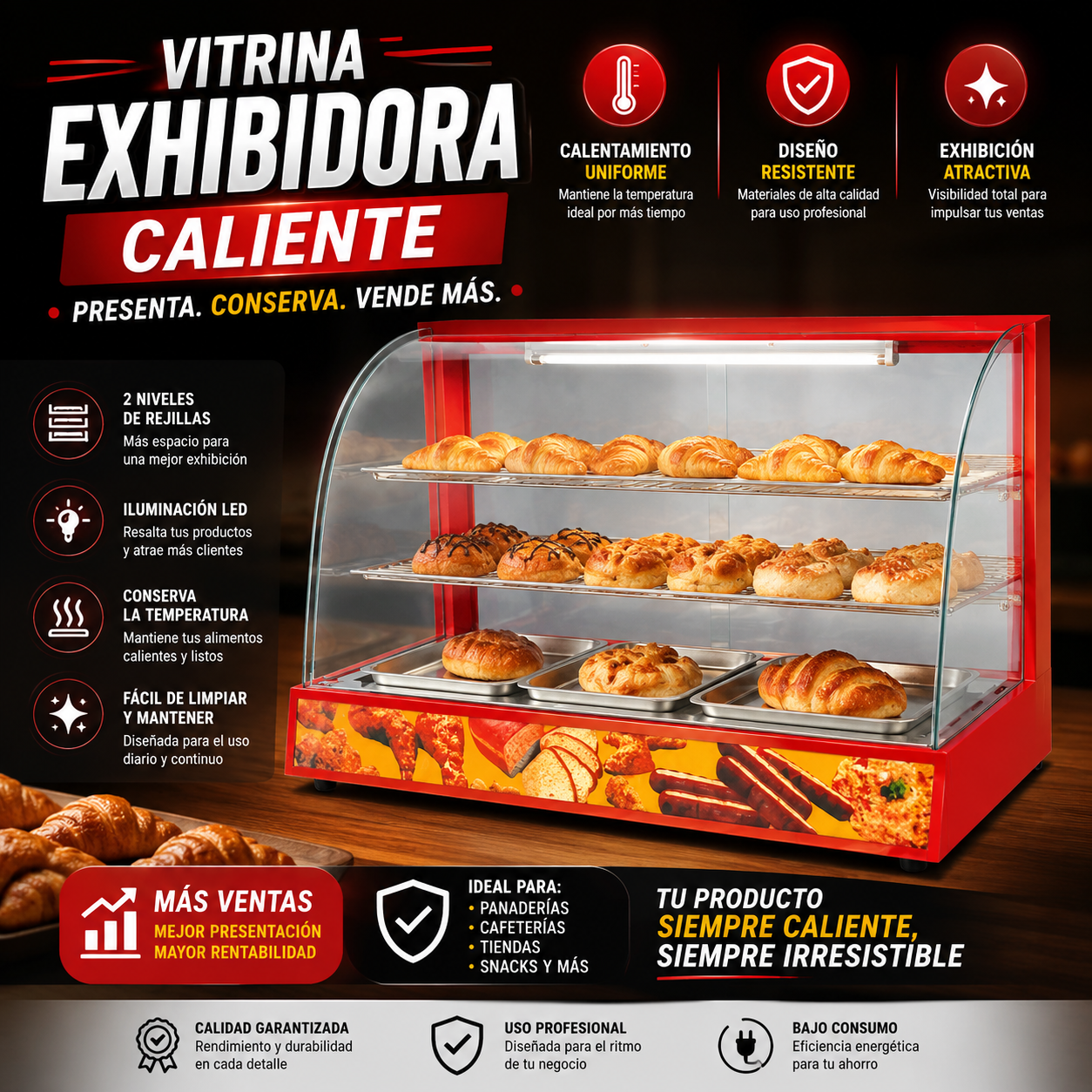 Vitrina Calentador Rojo de 3 Bandejas 950*480*630mm HW-3P
