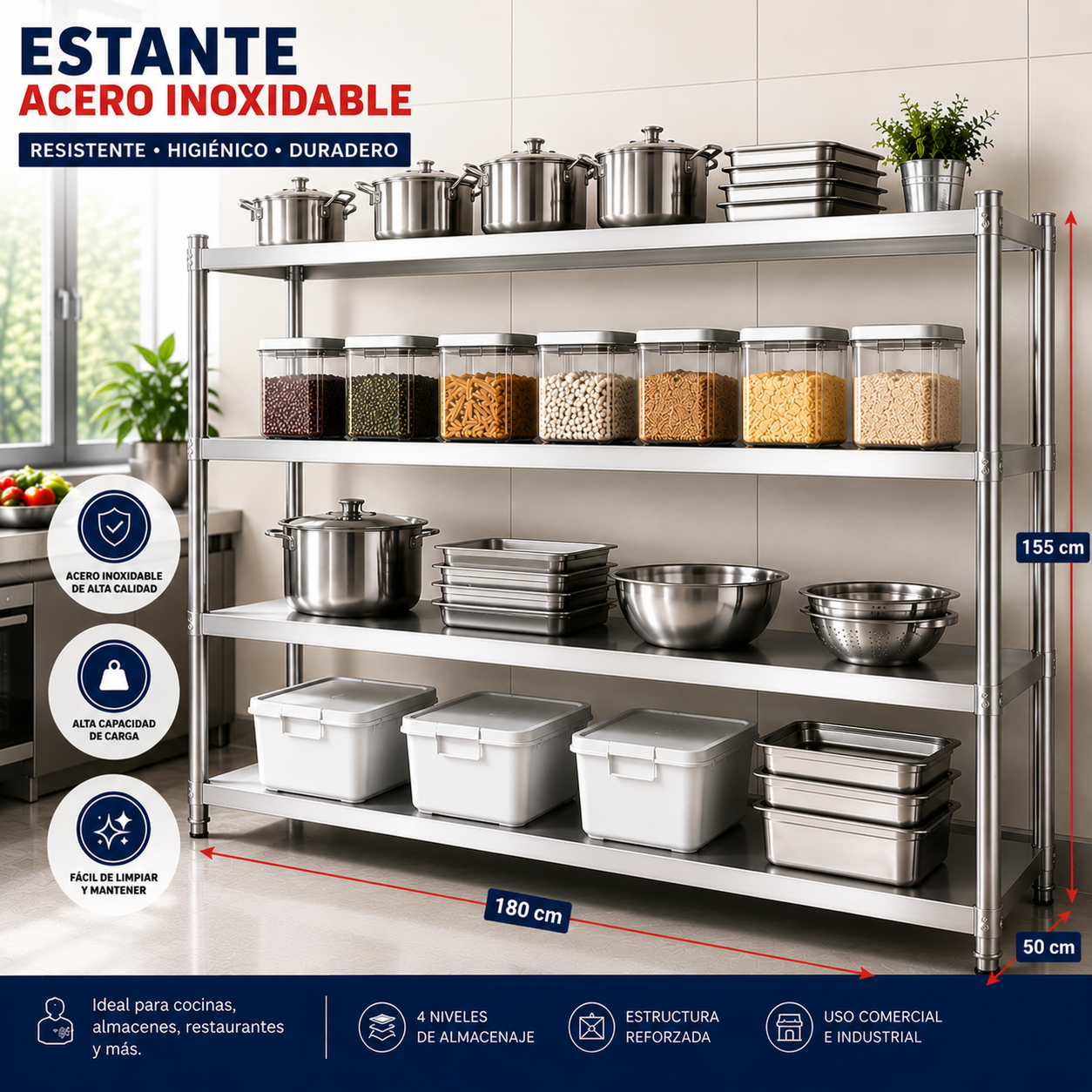 (LLEGANDO 15 DE JULIO) Estante de Acero Inoxidable 4 Niveles 180x50x155cm – Estantería Rack para Cocina, Restaurante y Bodega 320205
