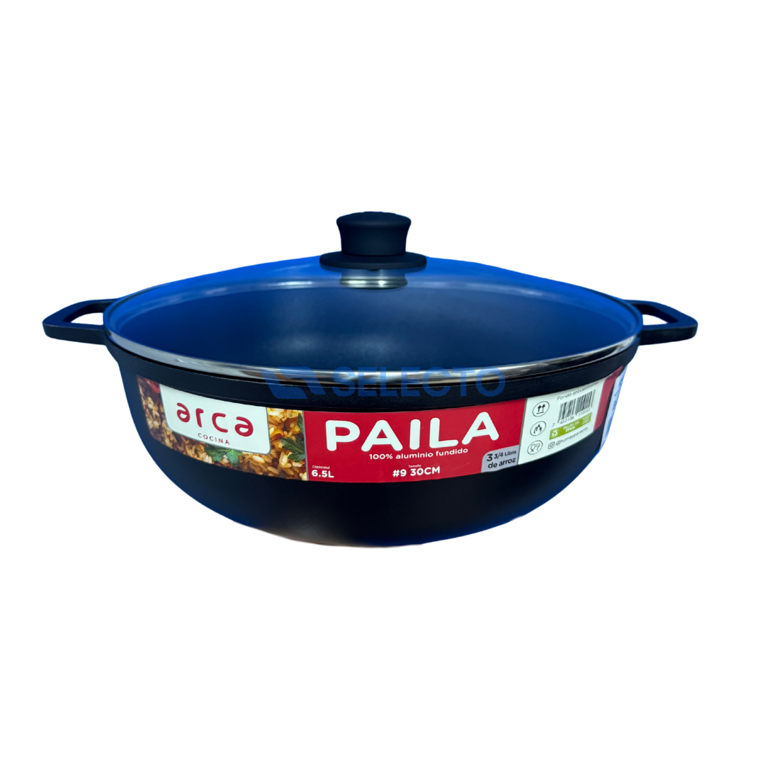 Paila de Aluminio Fundido con Tapa de Vidrio sin PFOA 30cm / 6.5L / 3.75LB #9 Arca PAD-040330