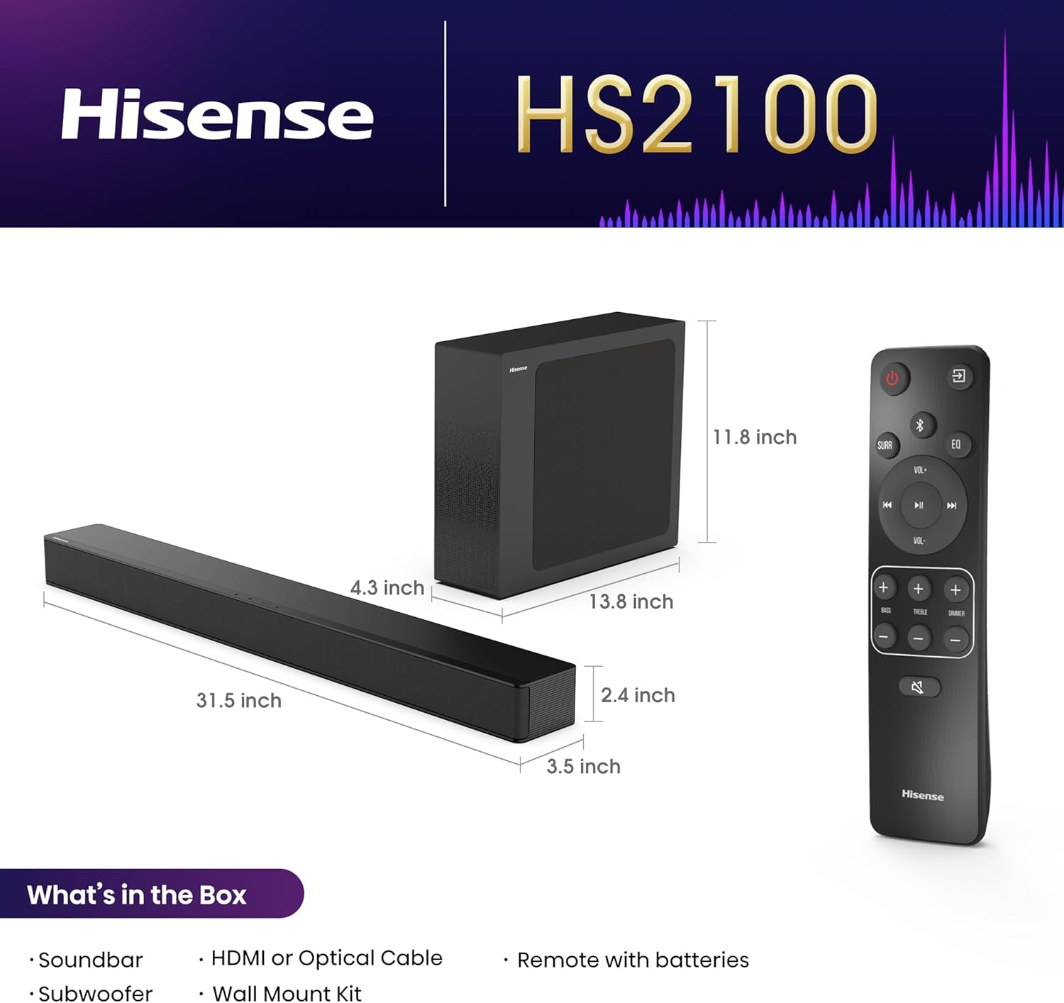 Barra de Sonido 2.1 Canales Dolby Audio 6 Modos de Sonido 240W Bluetooth HS2100 Hisense
