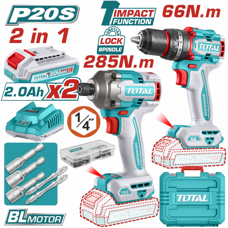 Super Combo Total 20V Taladro Impacto 66Nm Y Destornillador Impacto 285Nm20v Inalámbricas Poderosas Y Potentes Con Batería Y Cargador. COMBOS POCAS UNIDADES UTCKLI20277