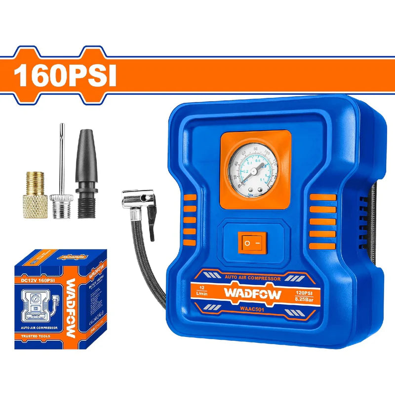 Compresor De Aire Automático 12V 160PSI. Flujo De Aire: 9L. Incluye: Adaptadores Variados Wadfow WAAC501