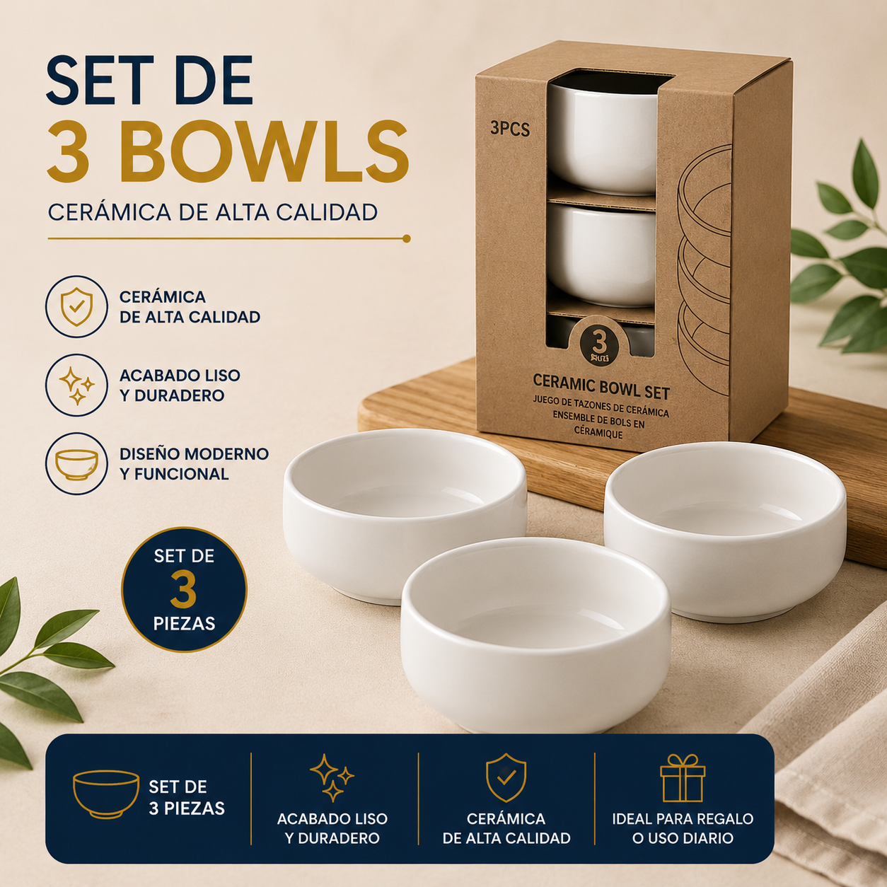 Set de 3 Bowls Ramekin de Cerámica Blanco – 705-2402525