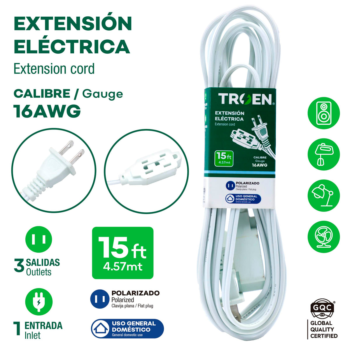 (LLEGANDO 25 DE SEPT) Extensión Eléctrica 15 Pies / 4.57 Metros con 3 Salidas 16AWG Troen 7A136-F0601-15FT