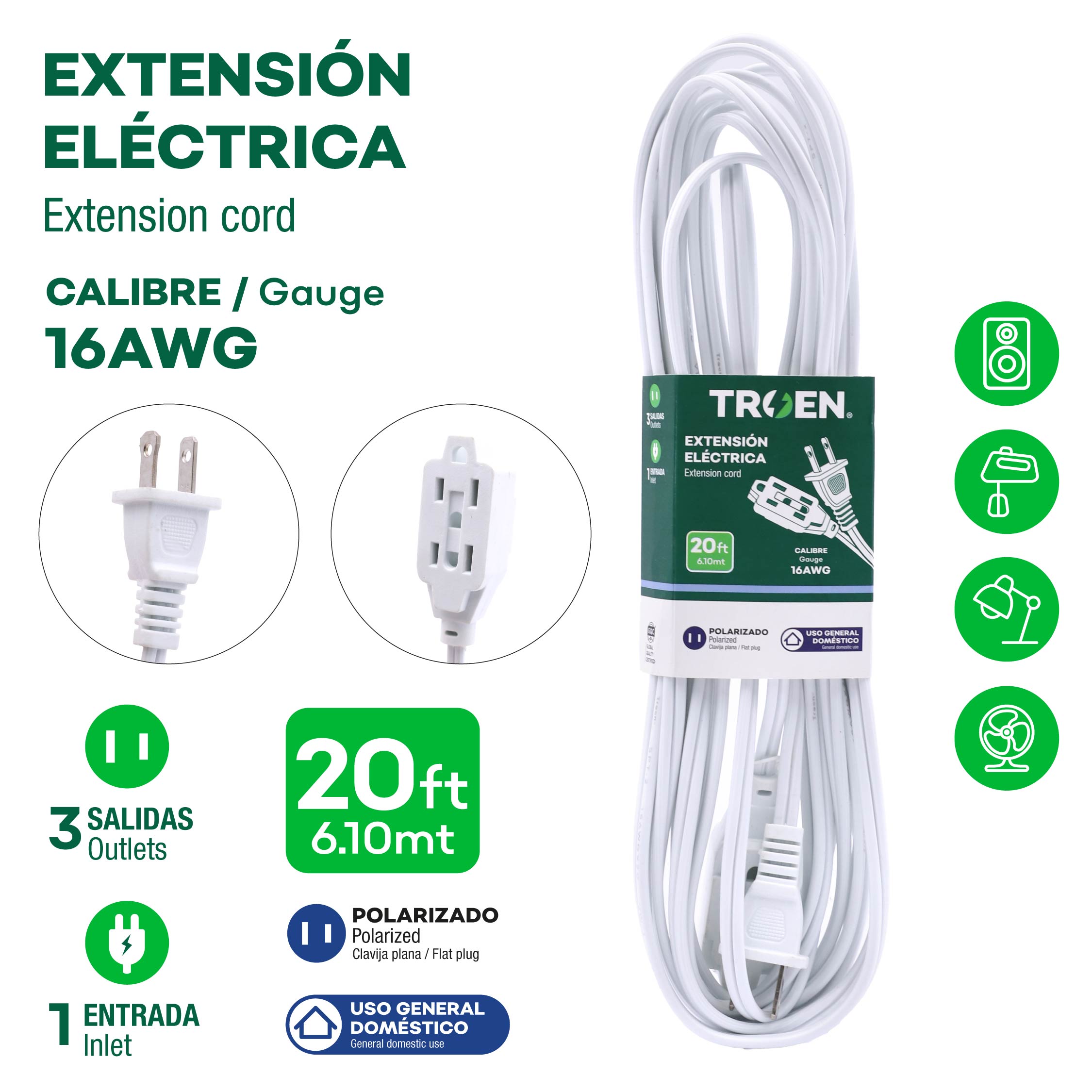 (LLEGANDO 3 DE JULIO) Extensión Eléctrica TROEN 20 Pies (6.10 m) 16 AWG con 3 Salidas Polarizada Blanco 7A136-F0601-20FT