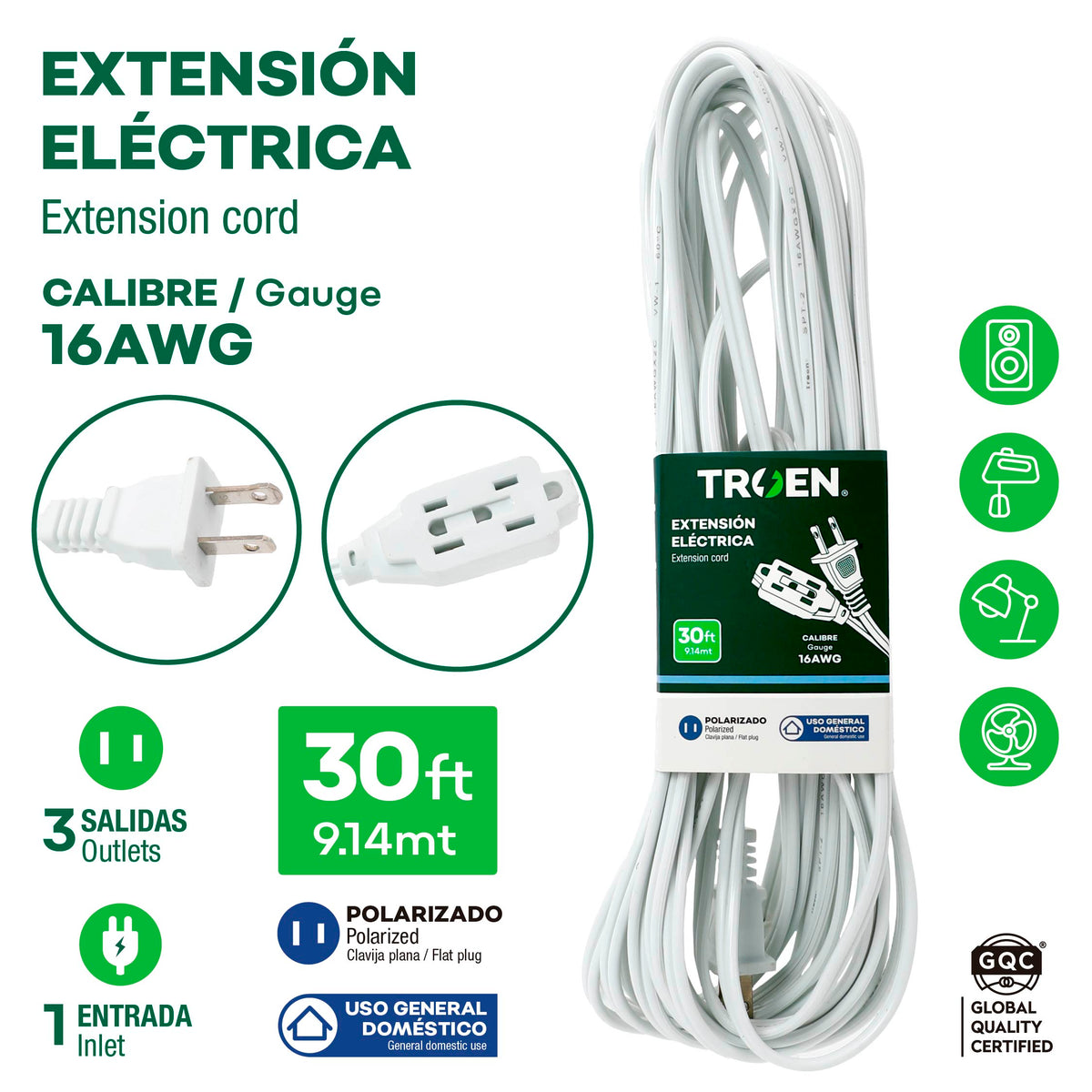 Extensión Eléctrica 30 Pies / 9.14 Metros con 3 Salidas 16AWG Troen 7A136-F0601-30FT