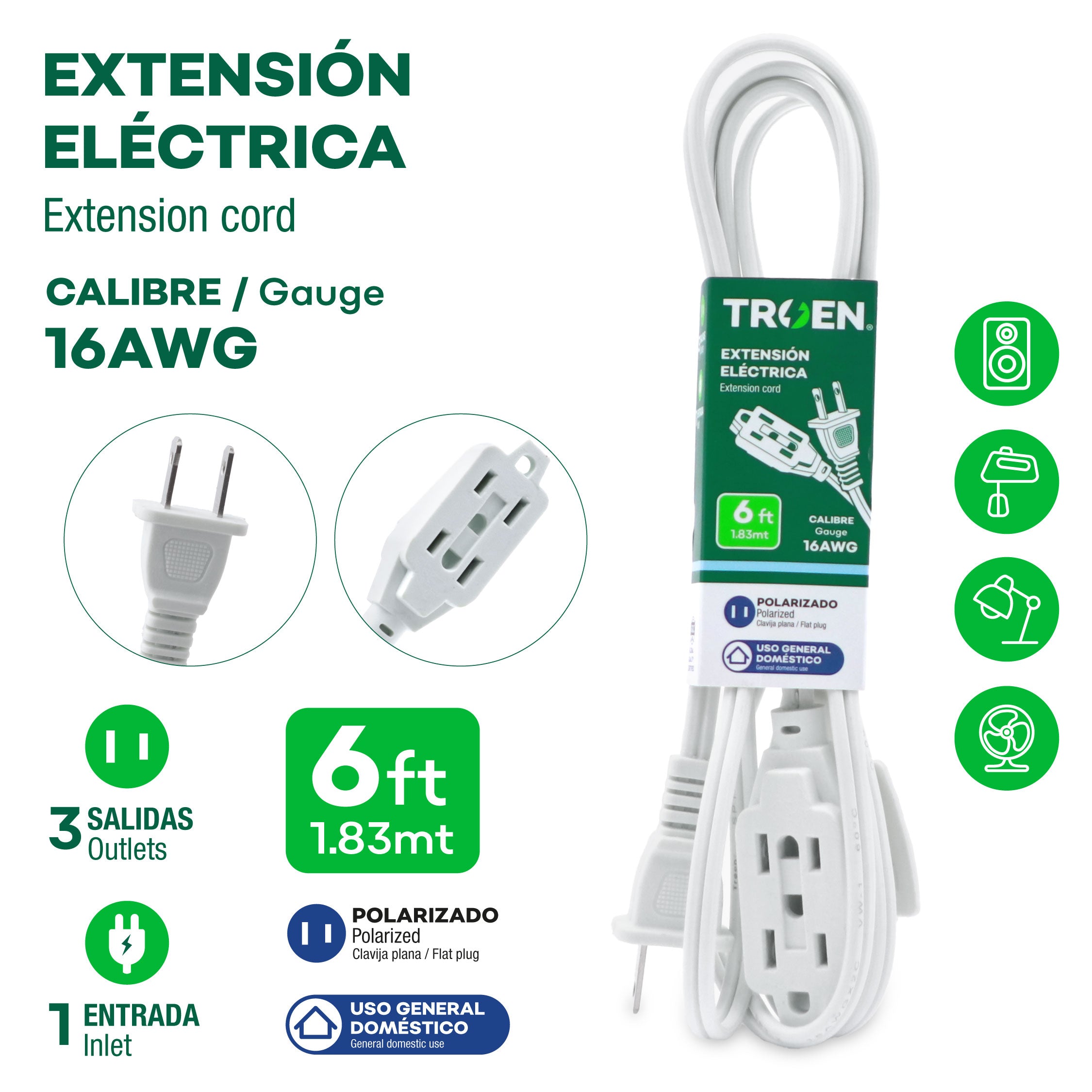 Extensión Eléctrica 6 Pies Blanco TROEN 7A136-F0601-6FT