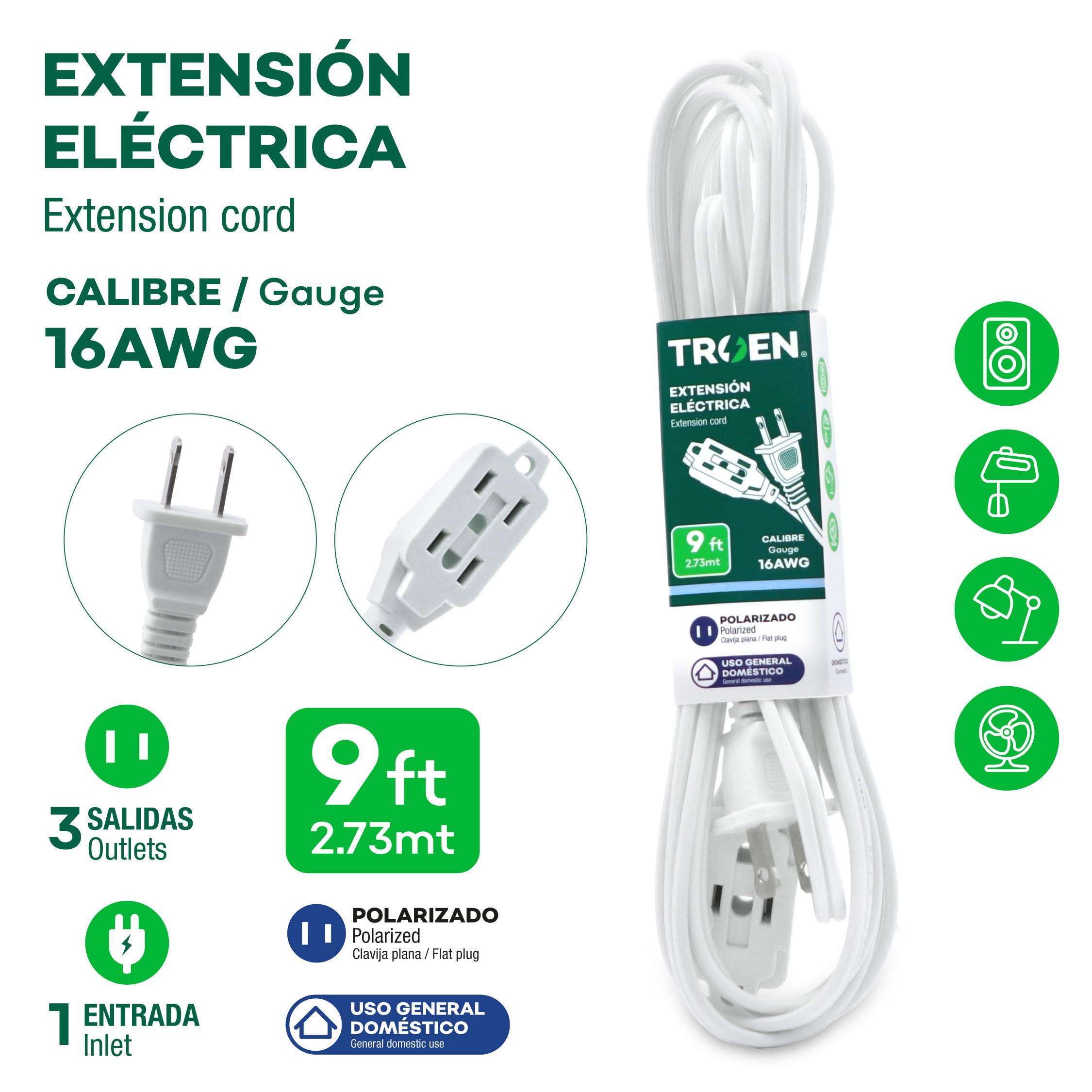 (LLEGANDO 5 DE MAYO) Extensión Eléctrica 9 Pies Blanco TROEN 7A136-F0601-9FT