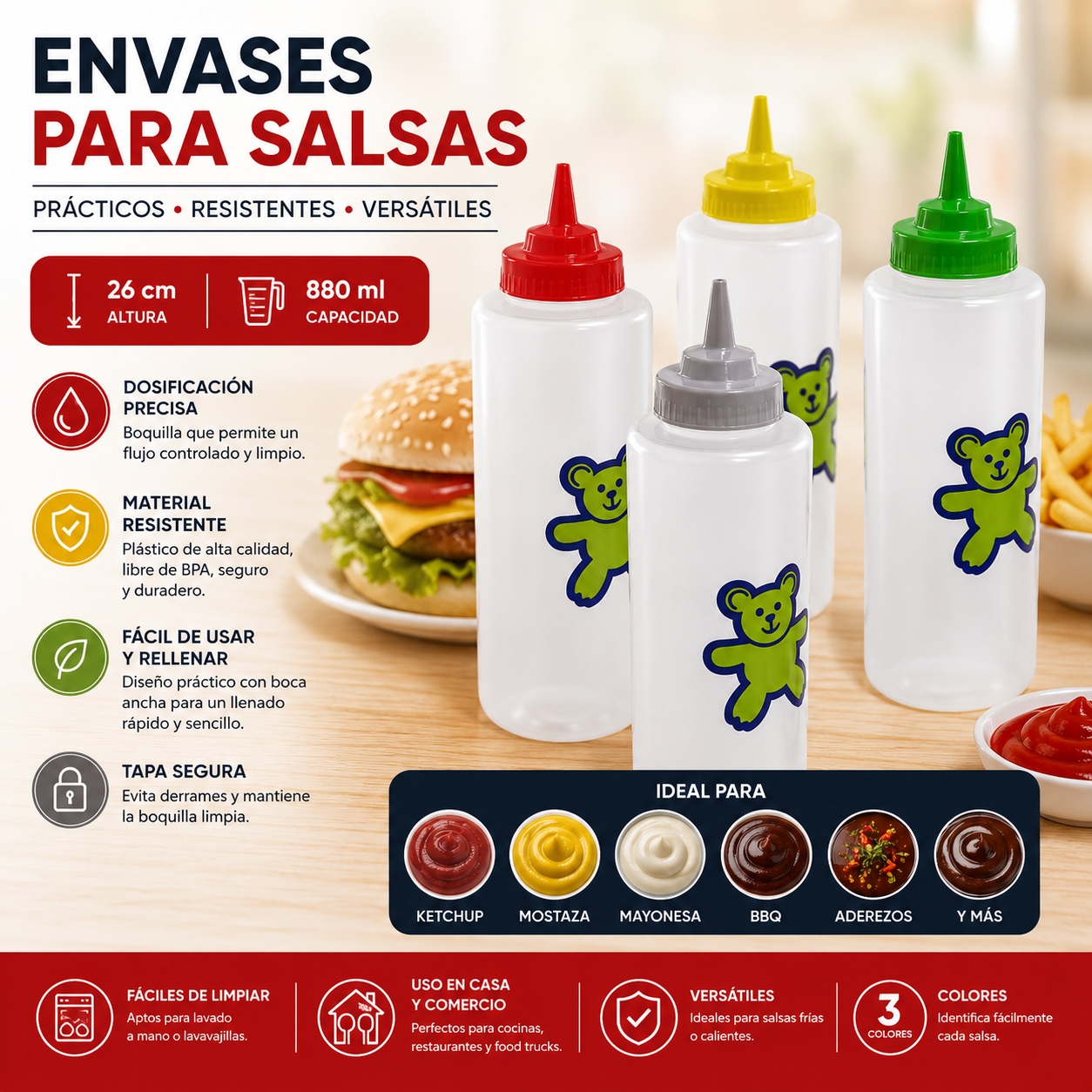 Envase Botella Dispensador de Salsa 880ml PMS09 Ketchup. Mostaza. Mayonesa.