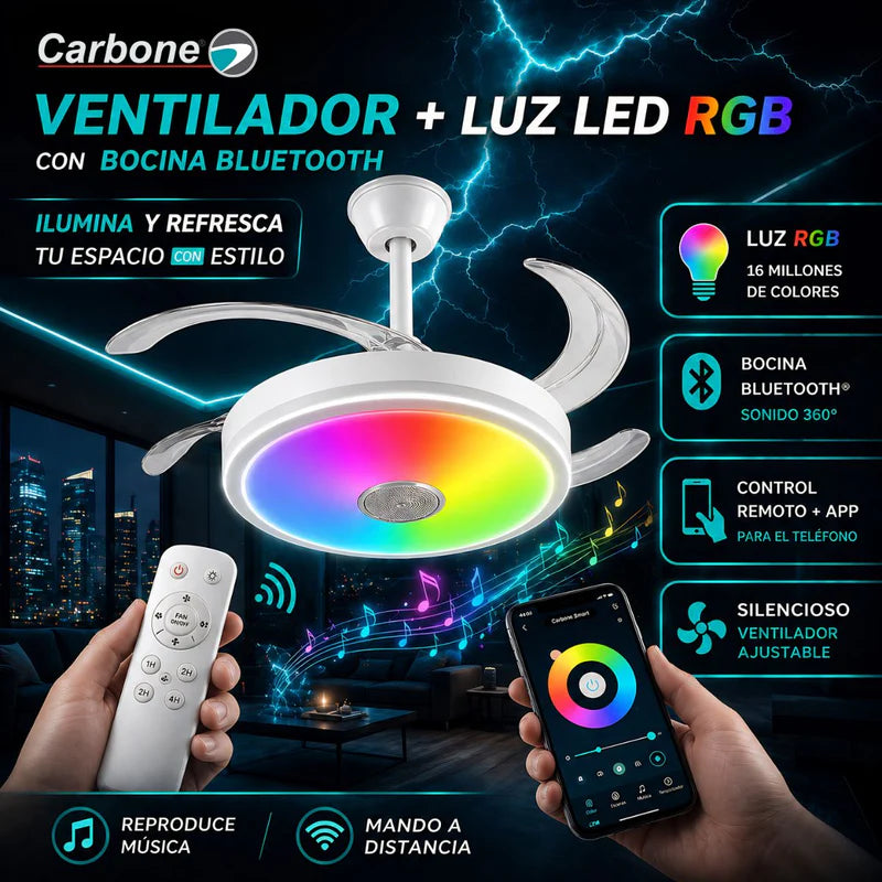 Abanico De Techo 42" LED Retráctil RGB Full Color Con Bocina Bluetooth Y App – Blanco- AN888