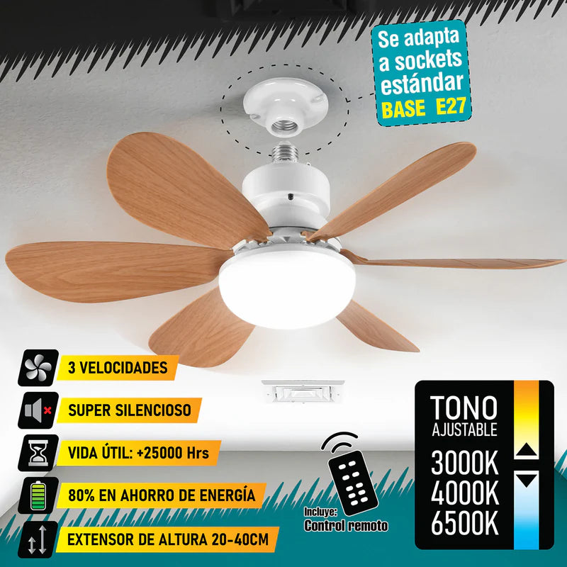 Abanico De Techo 20" Aspas Madera Socket E27 Con Luz Led Tono Ajustable 3000/4000/6500K, 1900 Lumens 6 Aspas 3 CCT 520X185mm ELT0500