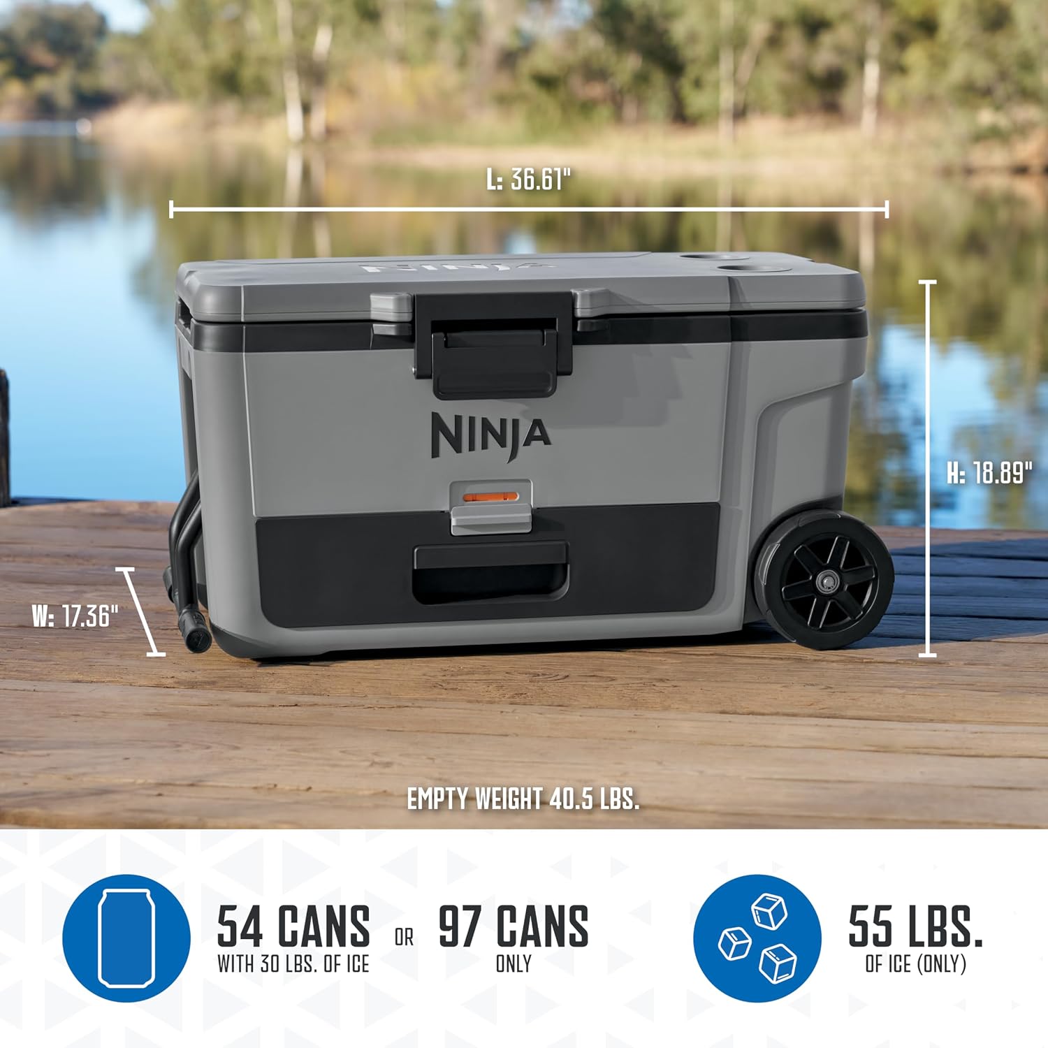 (LLEGANDO 1 DE SEPT) Hielera Cooler con Rueda Ninja FrostVault FB265GY de 65 Qt / 61 Litros con Cold Dry Zone – Gris
