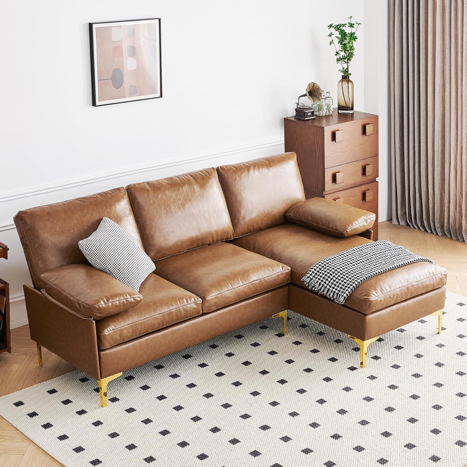 Sofá en L Camel de Cuerina con Patas de Acero Inoxidable 53,93"x32,28"x31,47" 990C-Z3 Atopston