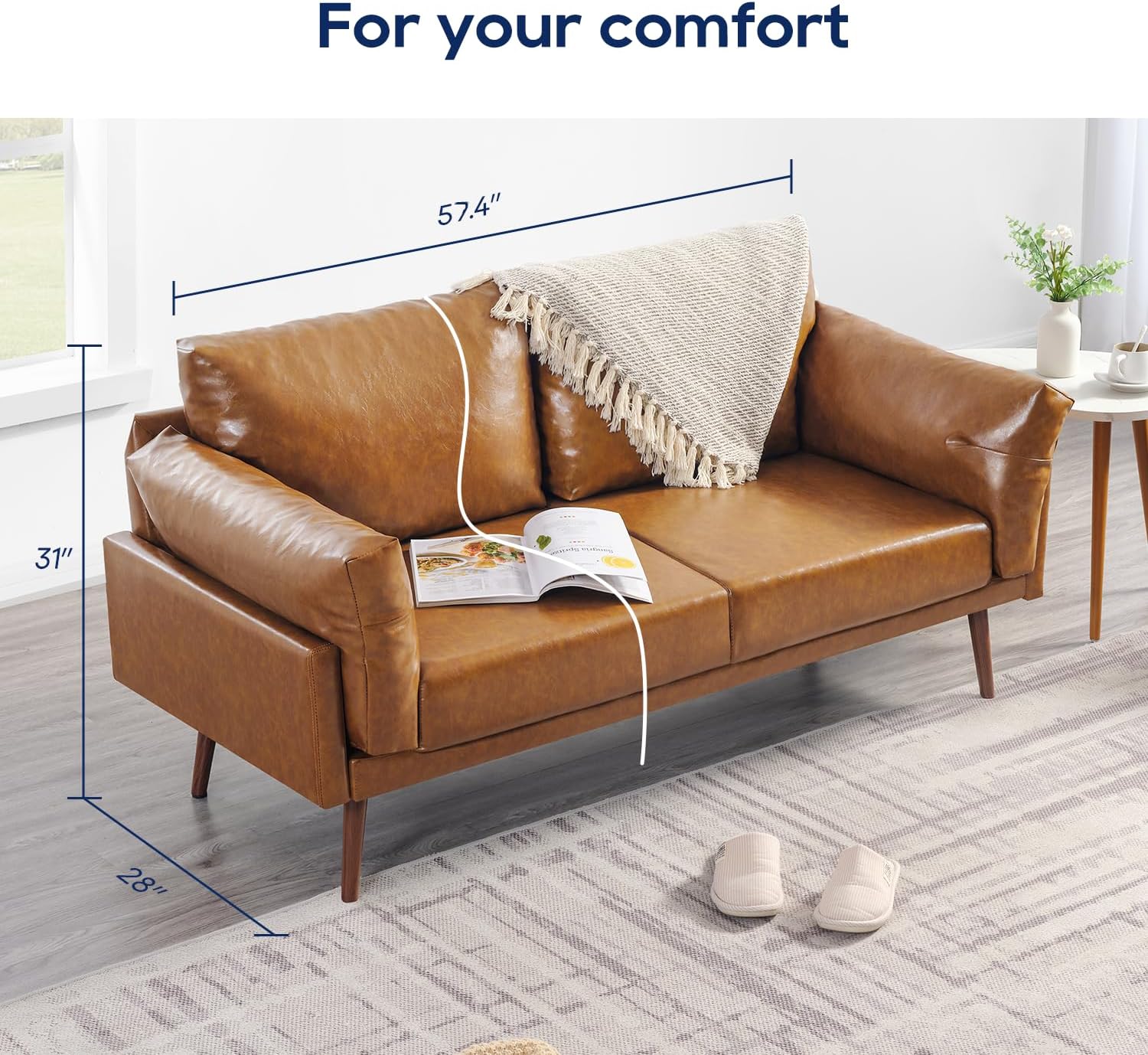 Sofá de Piel Sintética Moderno con Estructura de Madera Maciza Color Camel 3F-909C Vonanda