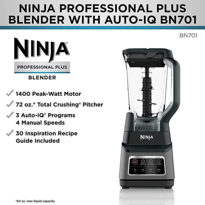 Ninja BN701 - Licuadora Professional Plus con tecnología Auto-IQ y 64 onzas  de capacidad máxima de líquido; jarra de trituración total