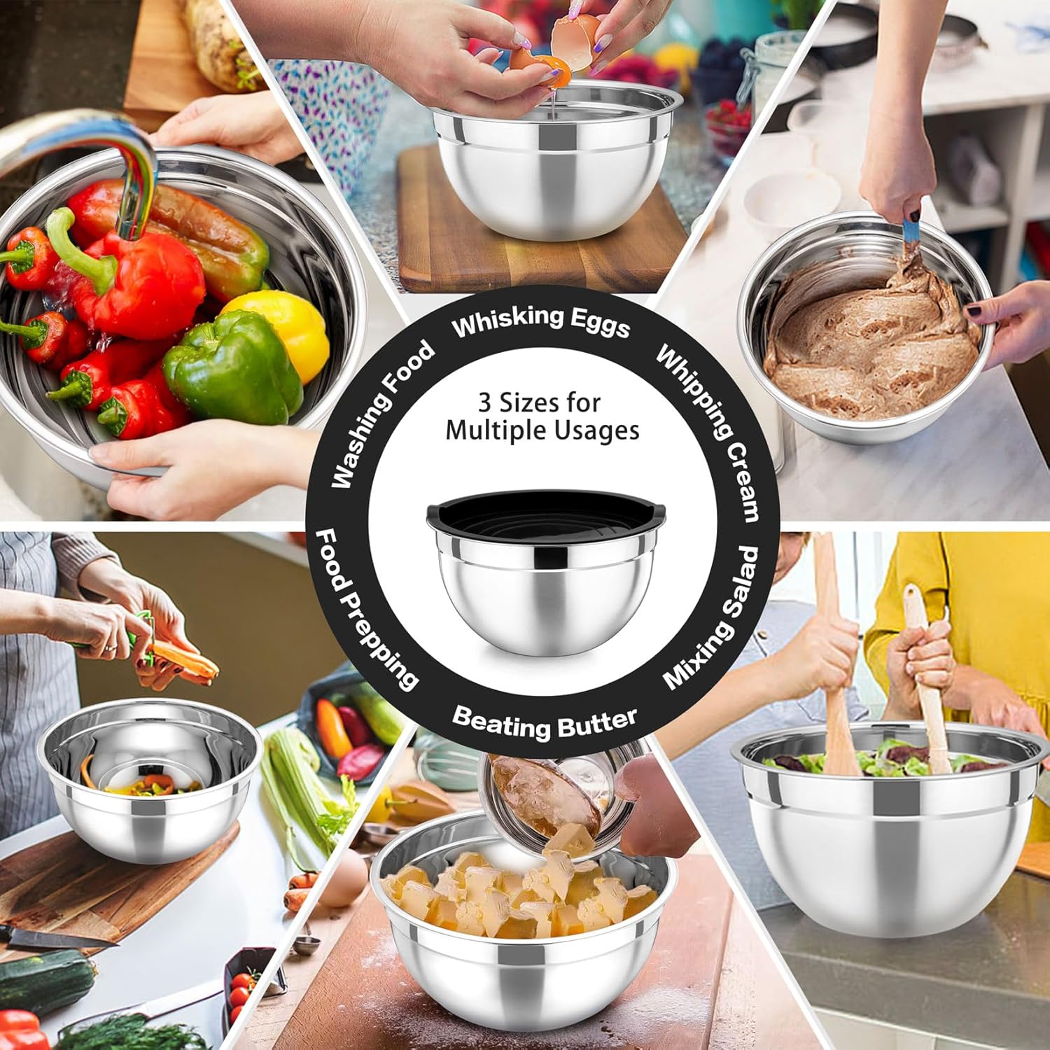 Set 3 Bowls de Acero Inoxidable con Tapa de Plástico 14cm 16cm y 18cm Lotus STL-607-3PCS