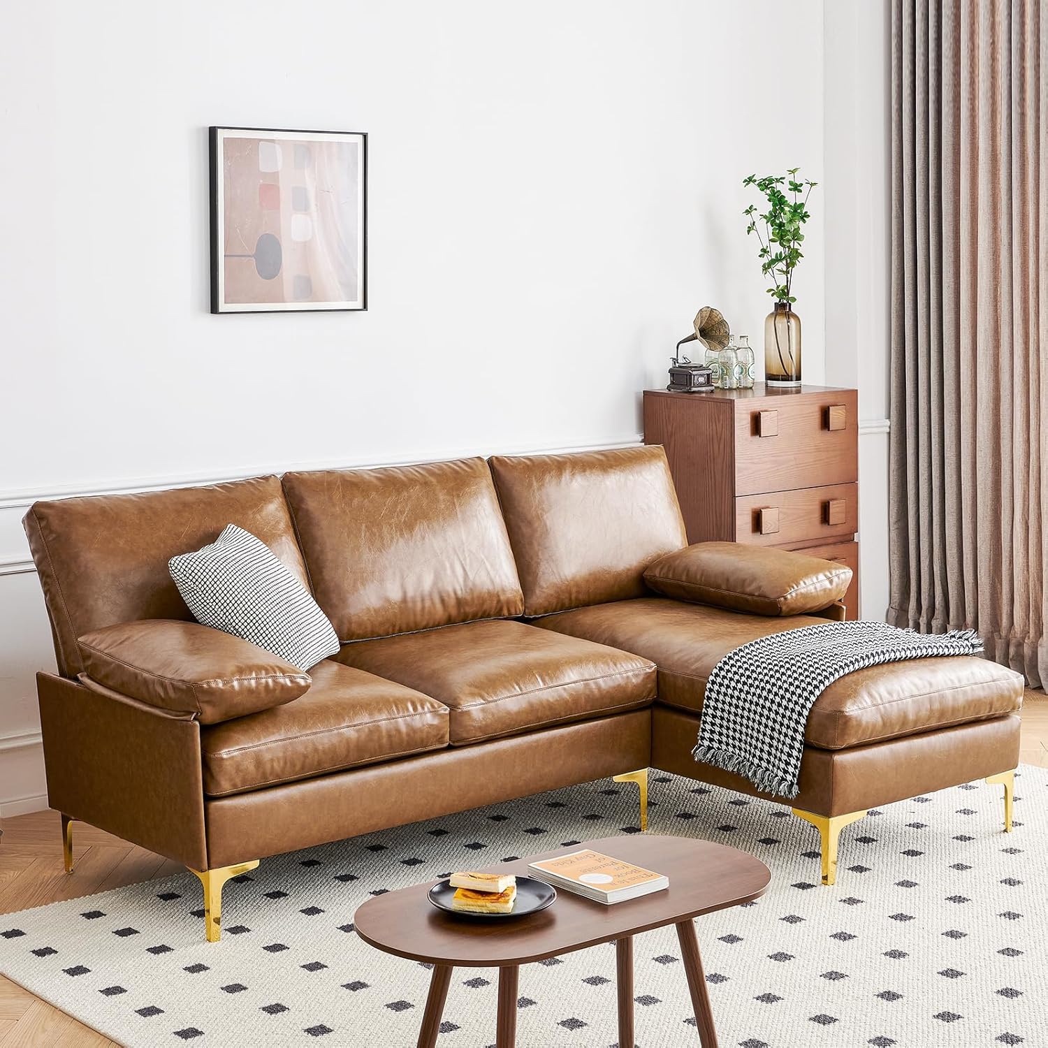 Sofá en L Camel de Cuerina con Patas de Acero Inoxidable 53,93"x32,28"x31,47" 990C-Z3 Atopston