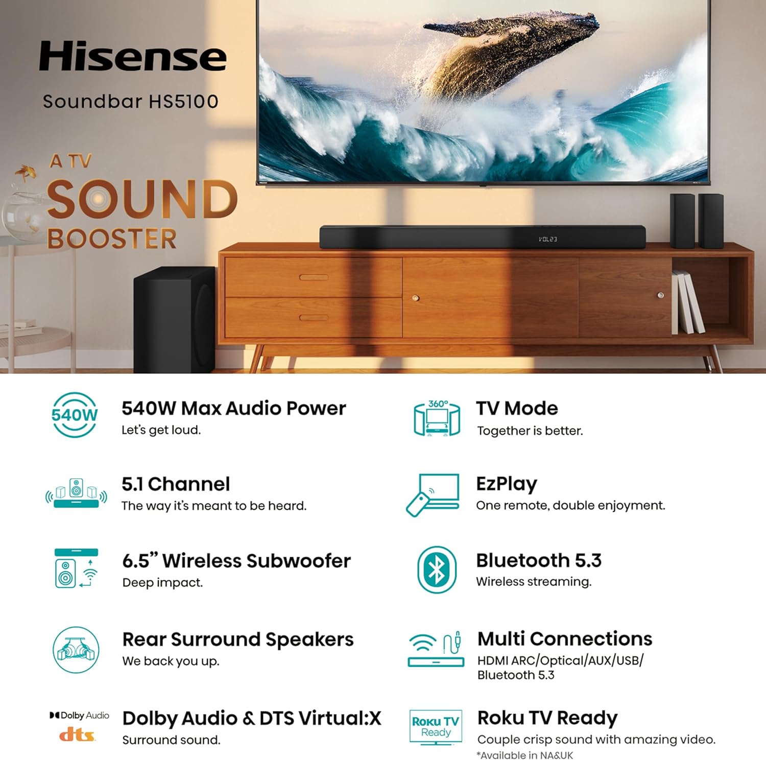 Barra de Sonido Hisense HS5100 5.1 Canales con Subwoofer Inalámbrico, Altavoces Traseros y 540W | Dolby Audio & DTS Virtual:X