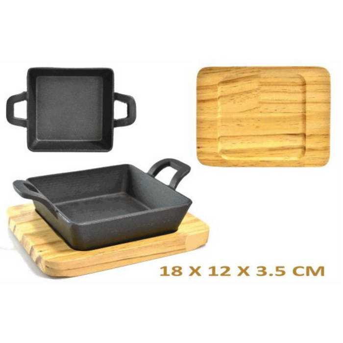 Mini Sartén de Hierro Fundido con Bandeja de Madera 18x12x3.5cm 86051