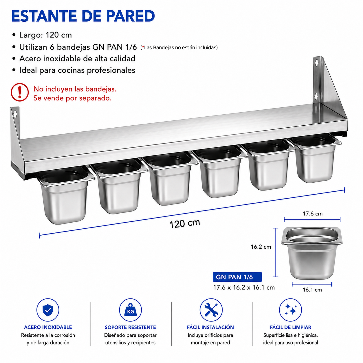 Repisa de Pared con Porta Bandejas GN PAN 1/6 de Acero Inoxidable | Organizador para Cocina Comercial | 120cm |No Incluyen las Bandejas | 330804