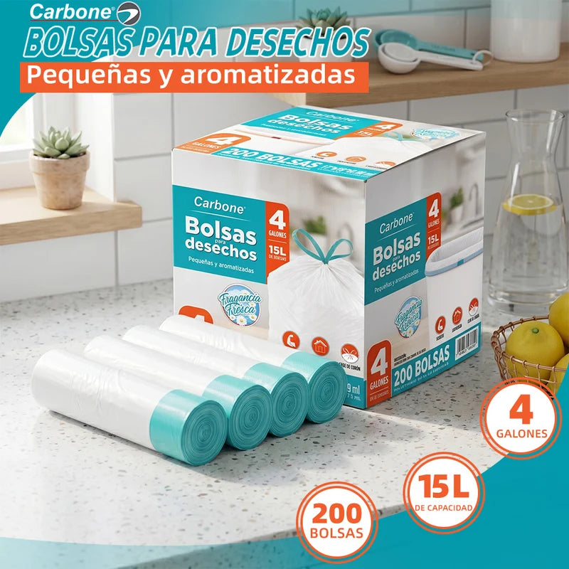 Bolsas De Basura Pequeñas Aromatizadas 4 Galones (15L) (200 Unds) Con Cordón Ajustable. Cartuchos Resistentes Para Desechos. Color Blanco (43X46cm) AN41