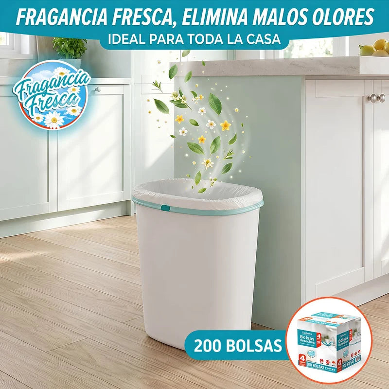 Bolsas De Basura Pequeñas Aromatizadas 4 Galones (15L) (200 Unds) Con Cordón Ajustable. Cartuchos Resistentes Para Desechos. Color Blanco (43X46cm) AN41