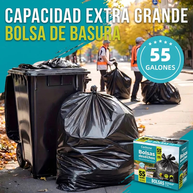 Bolsas De Basura Extra Resistentes 55 Galones (208Lt) (50 Unidades). Cartuchos Tipo Industrial Con Asas Para Amarre De Alta Resistencia (91X136 Cm). Color Negro AN43