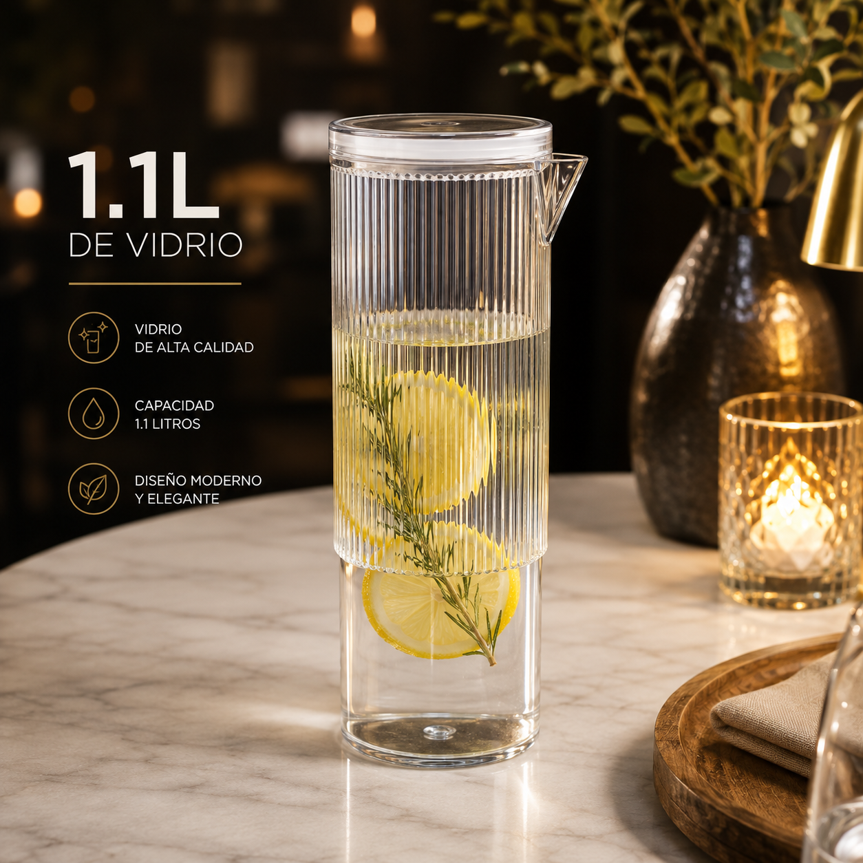 Jarra de Vidrio Acanalado con Tapa 1.1 L – Diseño Moderno y Elegante - Transparente | 707-M173C