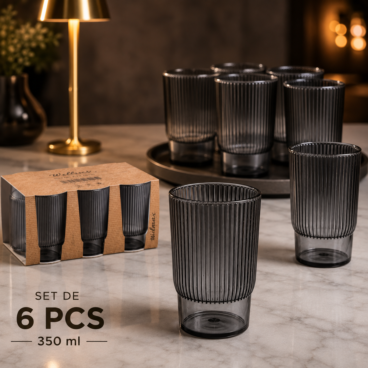Juego de 6 Vasos de Vidrio Gris Negro 350ml con Diseño Acanalado – 723-M171S6S