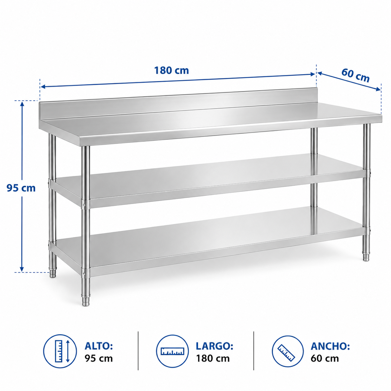(LLEGANDO 14 DE AGOSTO) Mesa de Trabajo de Acero Inoxidable con 2 Entrepaños | 180×60×95cm | Uso Comercial | HVB13509-T