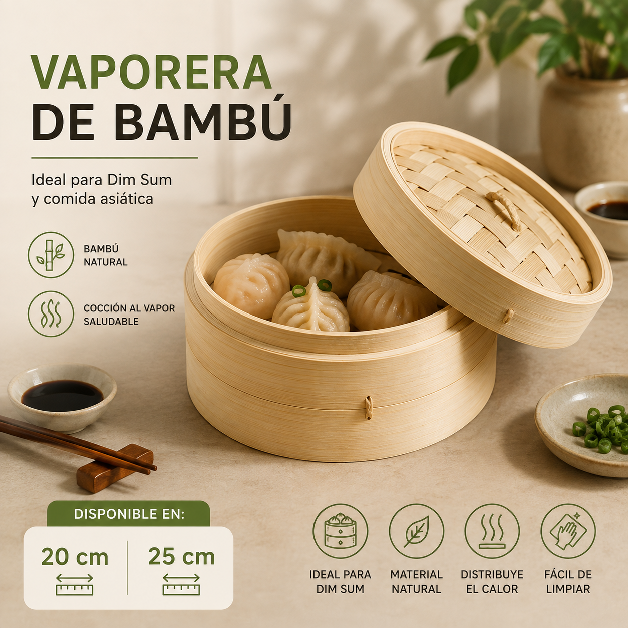 Vaporera de Bambú para Dim Sum y Cocina al Vapor – Disponible en 20cm 739-2305610 y 25cm 739-2305611