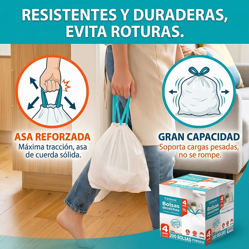 Bolsas De Basura Pequeñas Aromatizadas 4 Galones (15L) (200 Unds) Con Cordón Ajustable. Cartuchos Resistentes Para Desechos. Color Blanco (43X46cm) AN41
