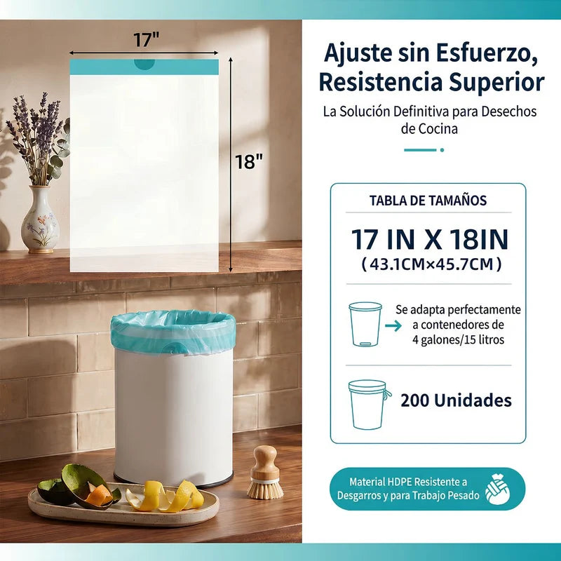 Bolsas De Basura Pequeñas Aromatizadas 4 Galones (15L) (200 Unds) Con Cordón Ajustable. Cartuchos Resistentes Para Desechos. Color Blanco (43X46cm) AN41