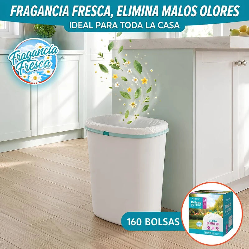 Bolsas De Basura Para Cocina Aromatizadas 13 Galones (49Lt) (160 Unds) Con Cordón Ajustable. Cartuchos Para Desechos Flexibles (62X68 Cm) Color Blanco AN42